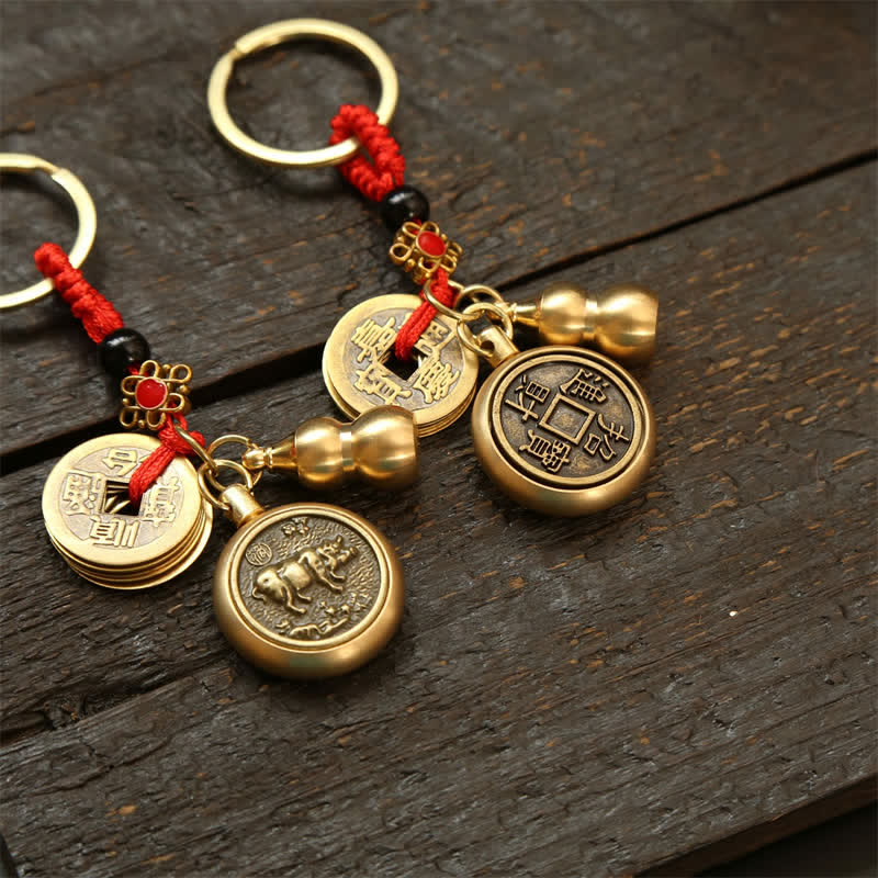 Buddha Stones Copper Chinese Zodiac Five Emperor Coins Red String Wealth Keychains