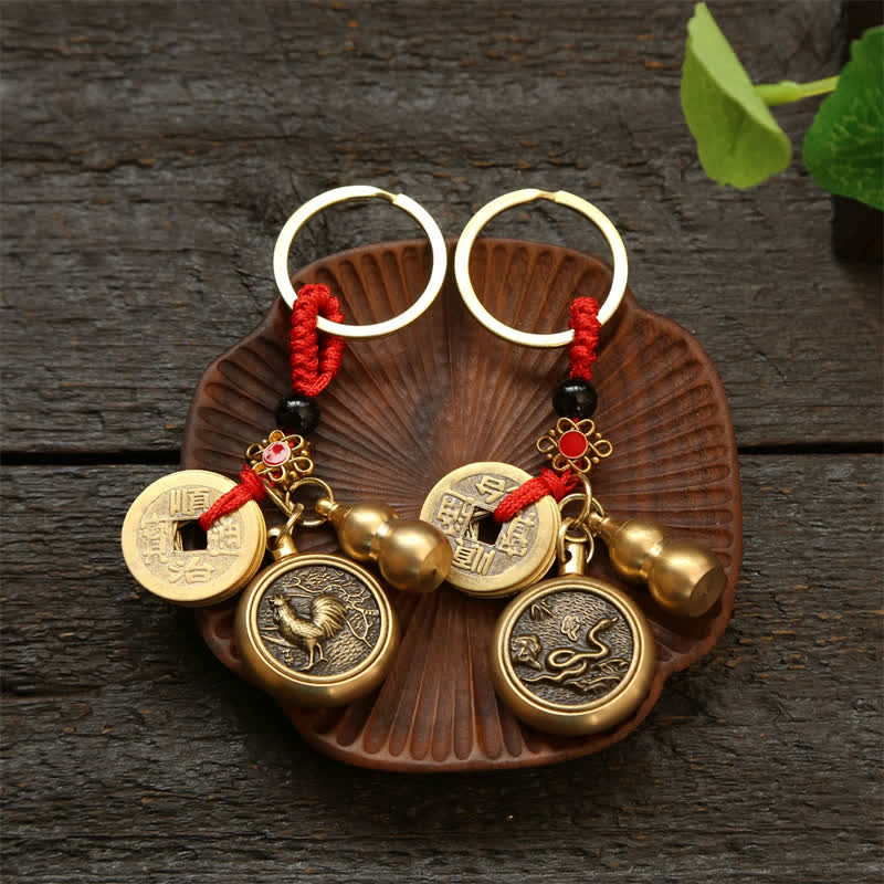 Buddha Stones Copper Chinese Zodiac Five Emperor Coins Red String Wealth Keychains