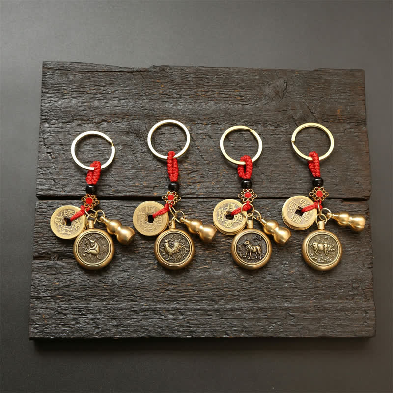 Buddha Stones Copper Chinese Zodiac Five Emperor Coins Red String Wealth Keychains