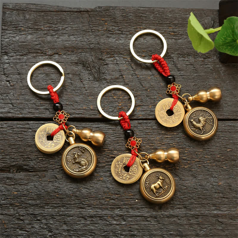 Buddha Stones Copper Chinese Zodiac Five Emperor Coins Red String Wealth Keychains