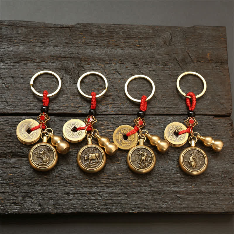 Buddha Stones Copper Chinese Zodiac Five Emperor Coins Red String Wealth Keychains