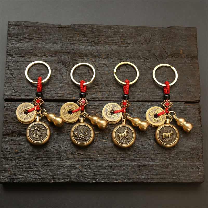 Buddha Stones Copper Chinese Zodiac Five Emperor Coins Red String Wealth Keychains