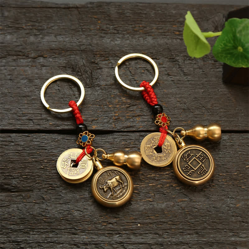 Buddha Stones Copper Chinese Zodiac Five Emperor Coins Red String Wealth Keychains