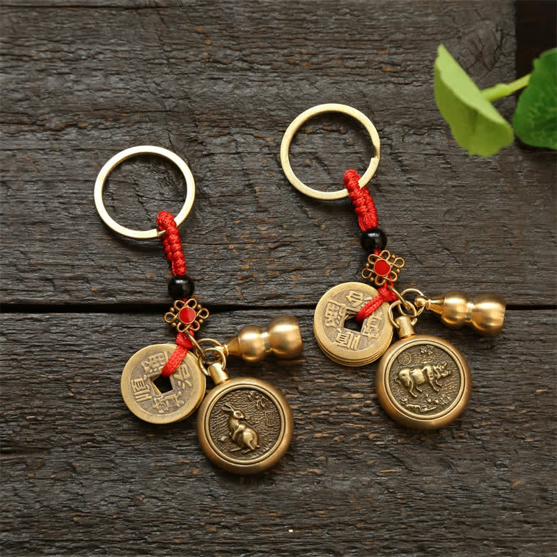 Buddha Stones Copper Chinese Zodiac Five Emperor Coins Red String Wealth Keychains