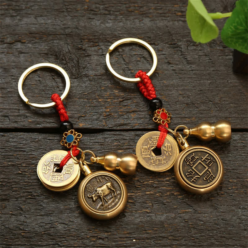 Buddha Stones Copper Chinese Zodiac Five Emperor Coins Red String Wealth Keychains