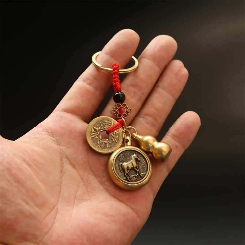 Buddha Stones Copper Chinese Zodiac Five Emperor Coins Red String Wealth Keychains