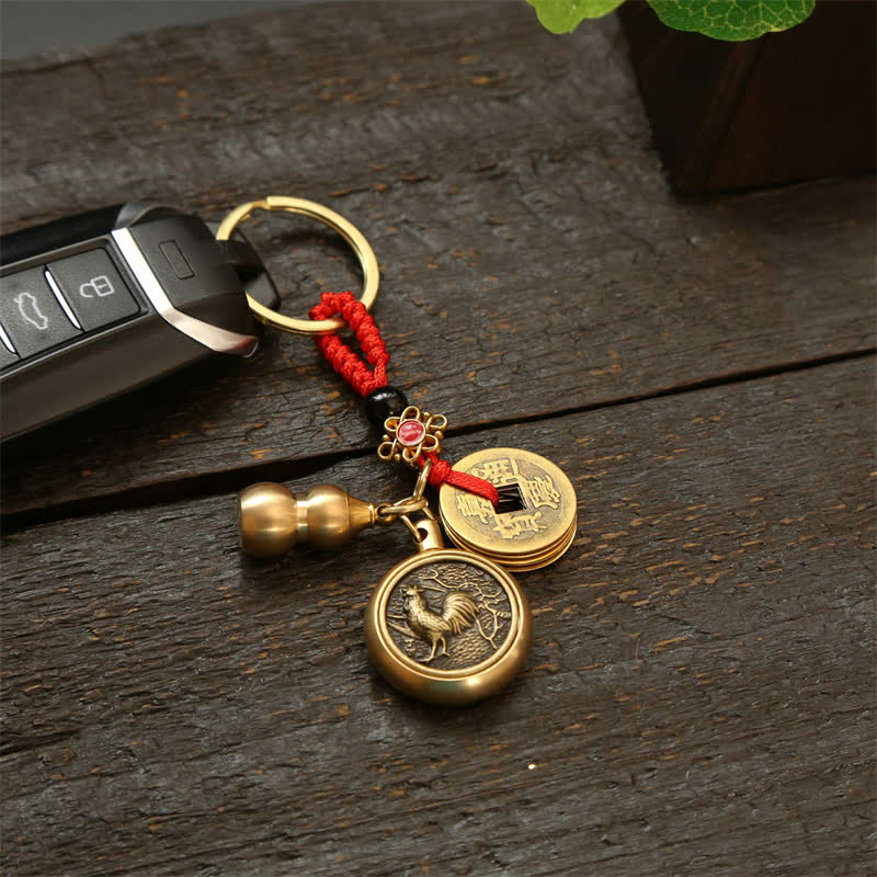 Buddha Stones Copper Chinese Zodiac Five Emperor Coins Red String Wealth Keychains
