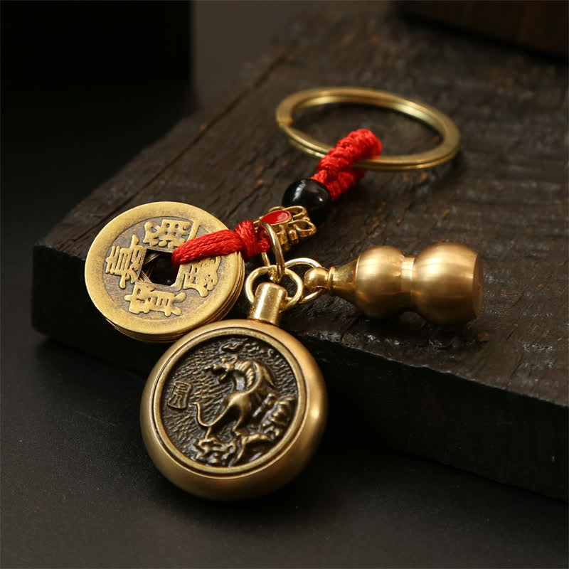 Buddha Stones Copper Chinese Zodiac Five Emperor Coins Red String Wealth Keychains