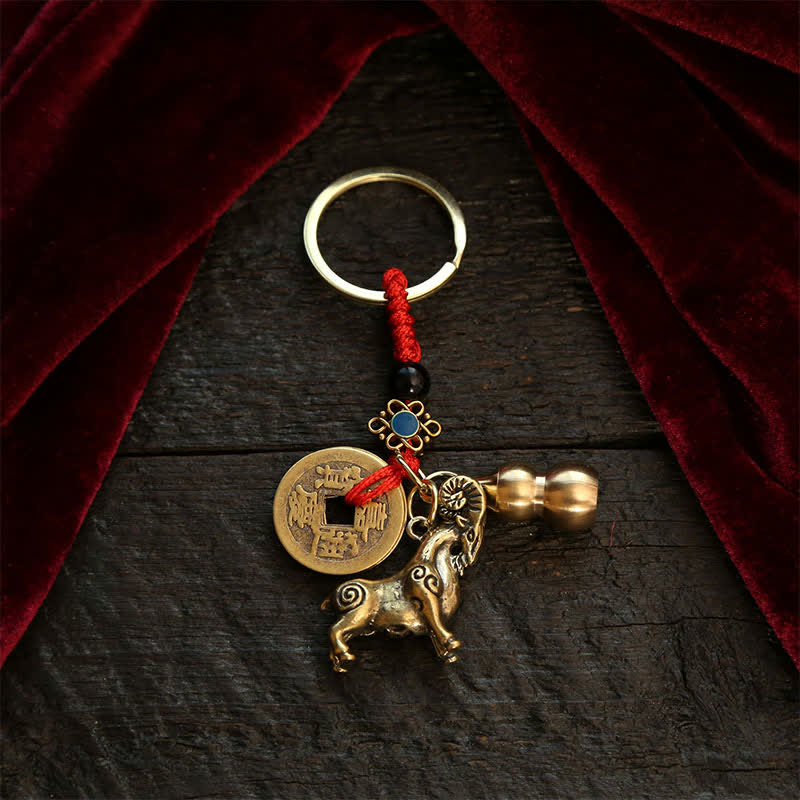 Buddha Stones Copper Chinese Zodiac Five Emperor Coins Gourd Wealth Keychains