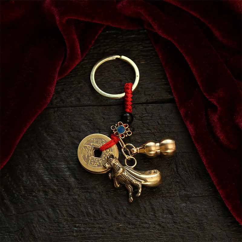 Buddha Stones Copper Chinese Zodiac Five Emperor Coins Gourd Wealth Keychains