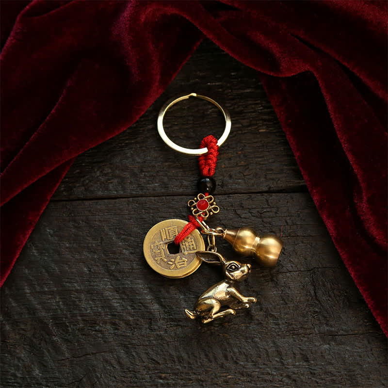 Buddha Stones Copper Chinese Zodiac Five Emperor Coins Gourd Wealth Keychains