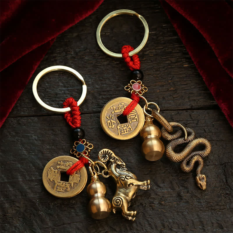 Buddha Stones Copper Chinese Zodiac Five Emperor Coins Gourd Wealth Keychains