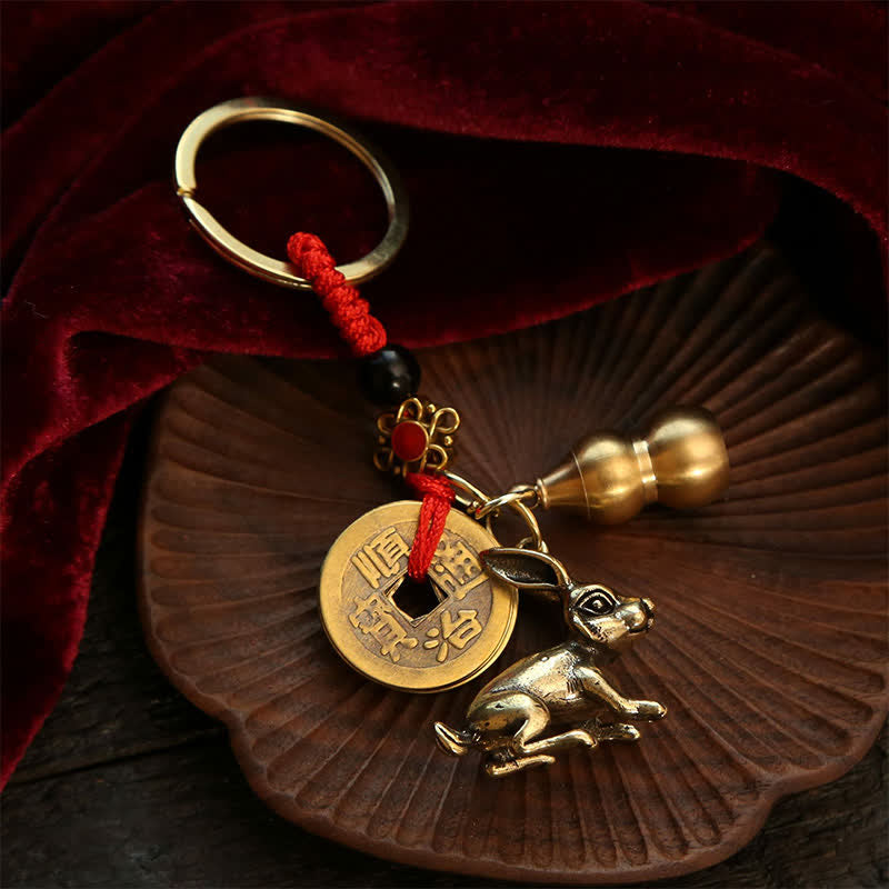 Buddha Stones Copper Chinese Zodiac Five Emperor Coins Gourd Wealth Keychains