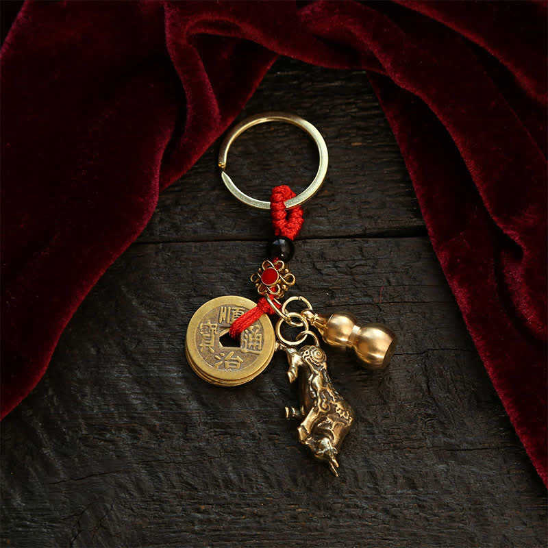 Buddha Stones Copper Chinese Zodiac Five Emperor Coins Gourd Wealth Keychains