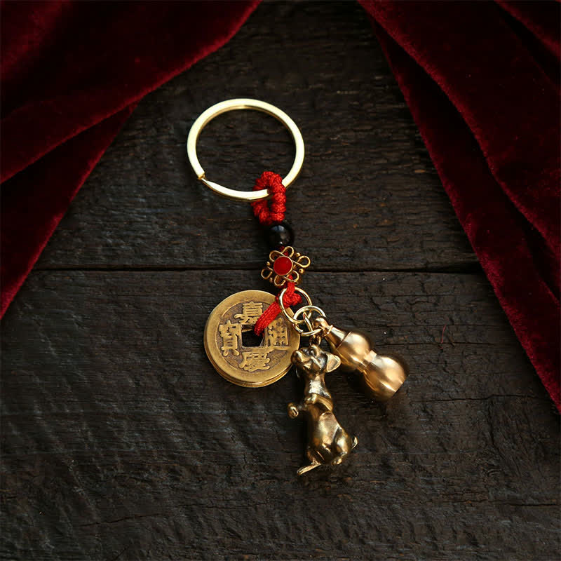 Buddha Stones Copper Chinese Zodiac Five Emperor Coins Gourd Wealth Keychains