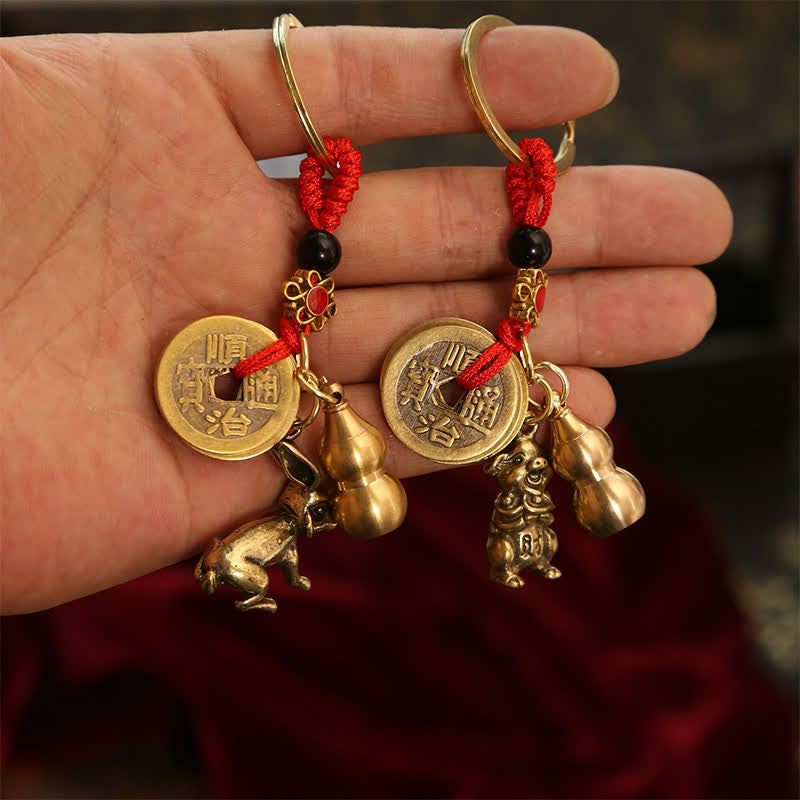 Buddha Stones Copper Chinese Zodiac Five Emperor Coins Gourd Wealth Keychains