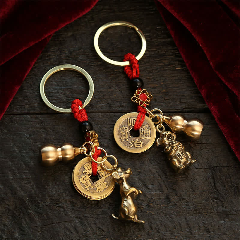 Buddha Stones Copper Chinese Zodiac Five Emperor Coins Gourd Wealth Keychains