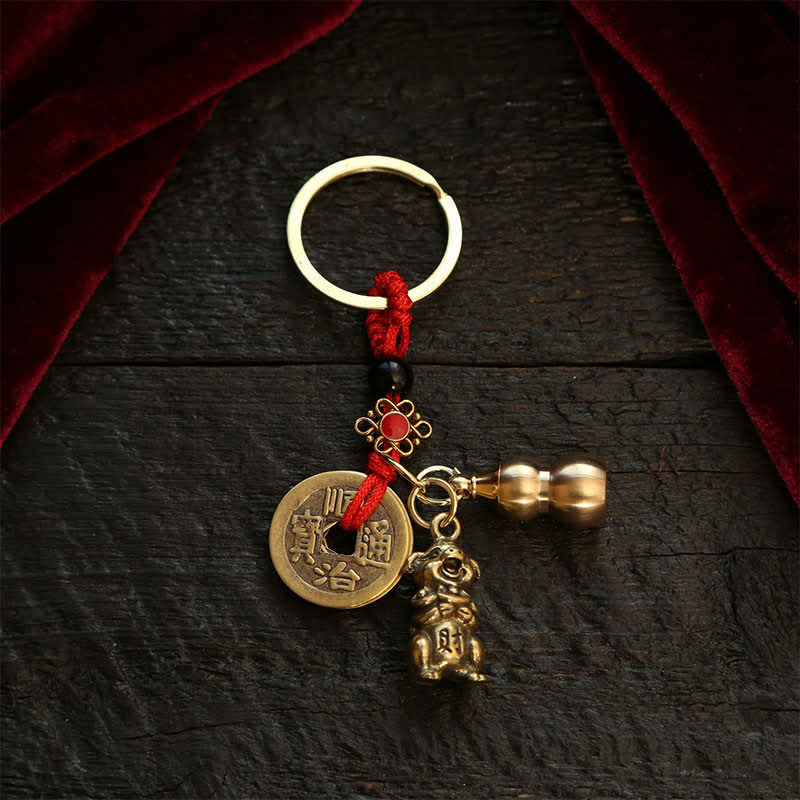 Buddha Stones Copper Chinese Zodiac Five Emperor Coins Gourd Wealth Keychains