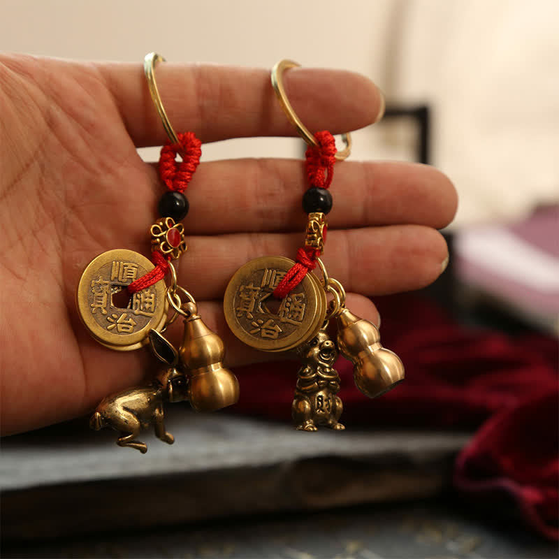 Buddha Stones Copper Chinese Zodiac Five Emperor Coins Gourd Wealth Keychains
