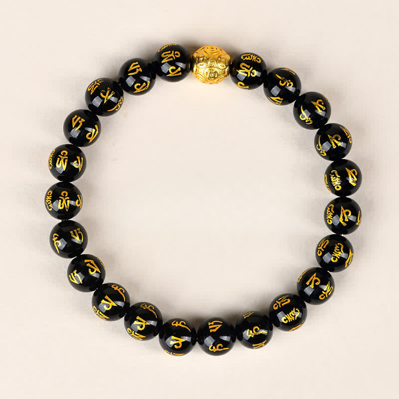 Buddha Stones Black Obsidian Om Mani Padme Hum Strength Bracelet