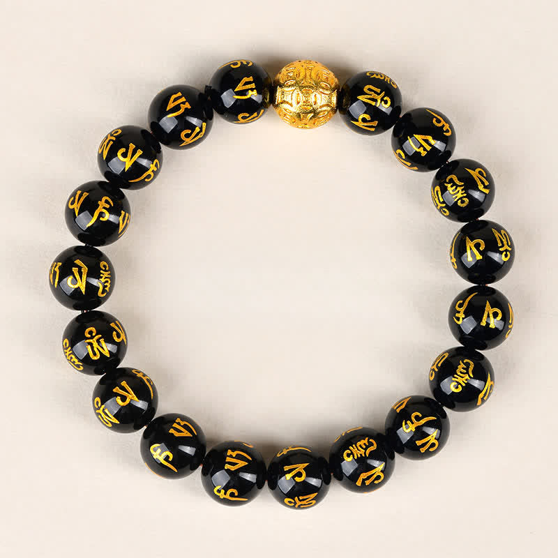 Buddha Stones Black Obsidian Om Mani Padme Hum Strength Bracelet