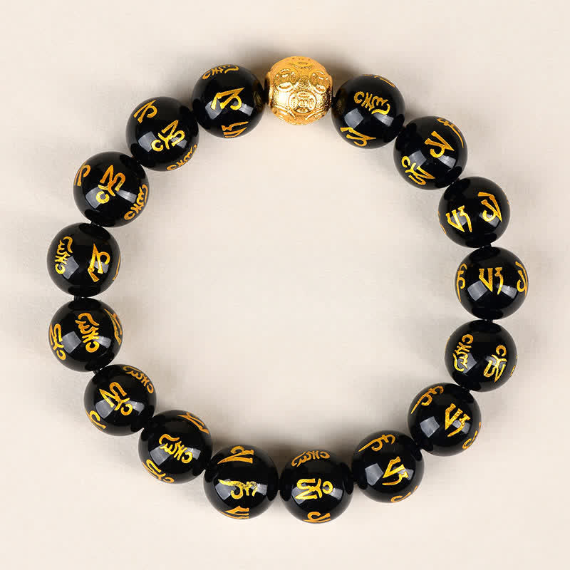 Buddha Stones Black Obsidian Om Mani Padme Hum Strength Bracelet