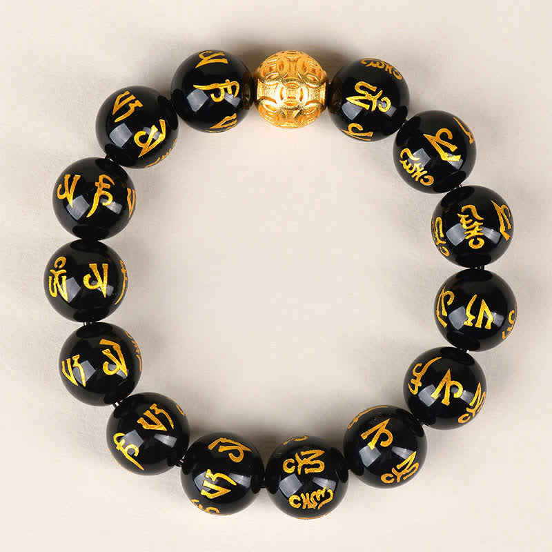 Buddha Stones Black Obsidian Om Mani Padme Hum Strength Bracelet