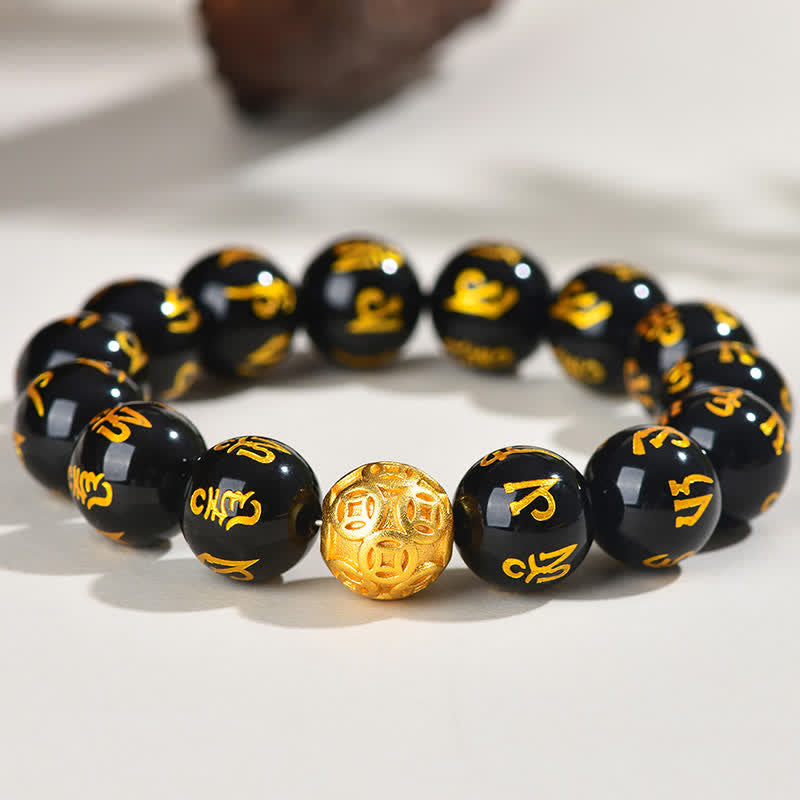 Buddha Stones Black Obsidian Om Mani Padme Hum Strength Bracelet