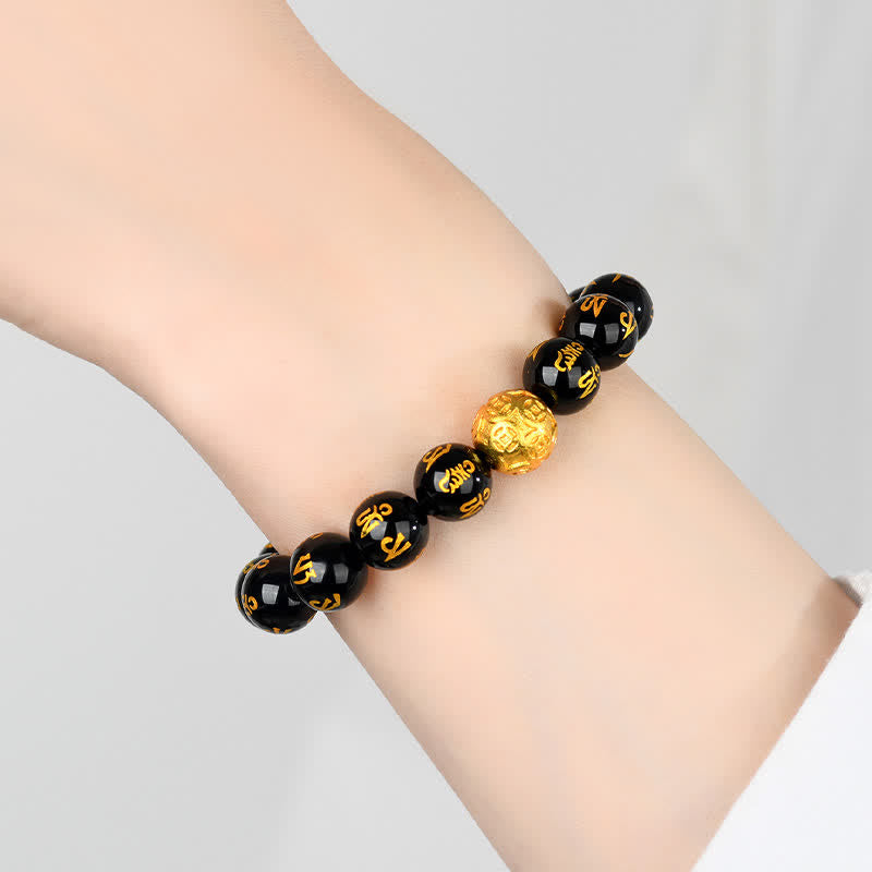 Buddha Stones Black Obsidian Om Mani Padme Hum Strength Bracelet