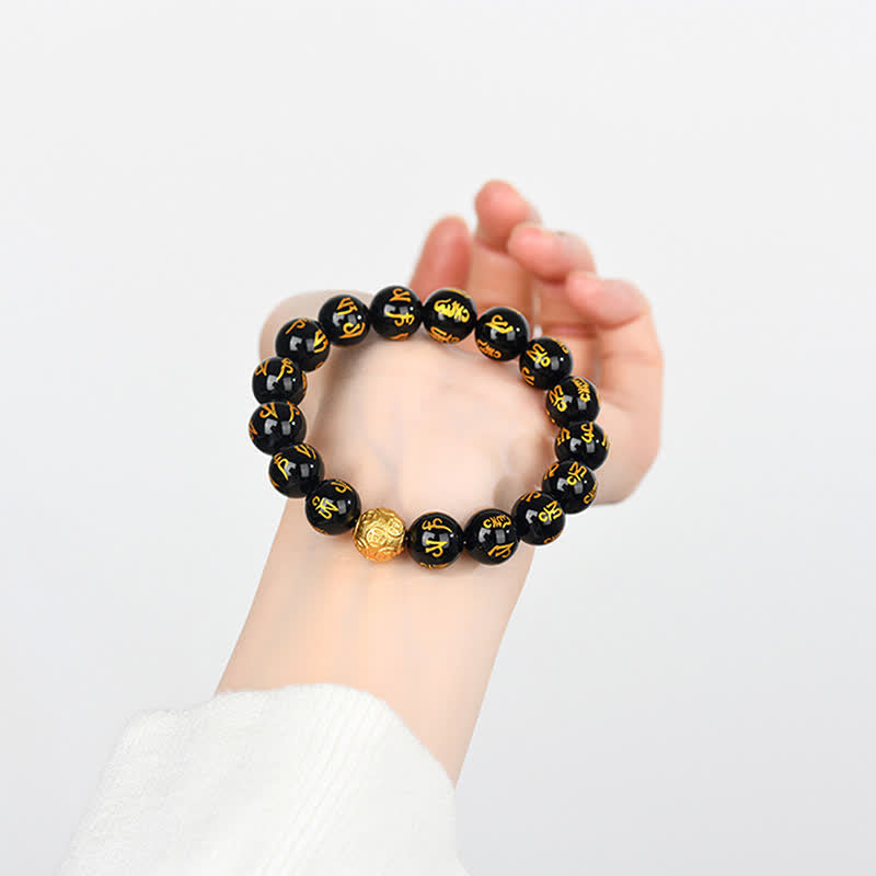 Buddha Stones Black Obsidian Om Mani Padme Hum Strength Bracelet