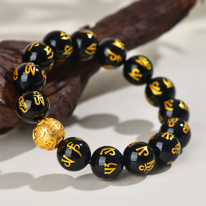 Buddha Stones Black Obsidian Om Mani Padme Hum Strength Bracelet
