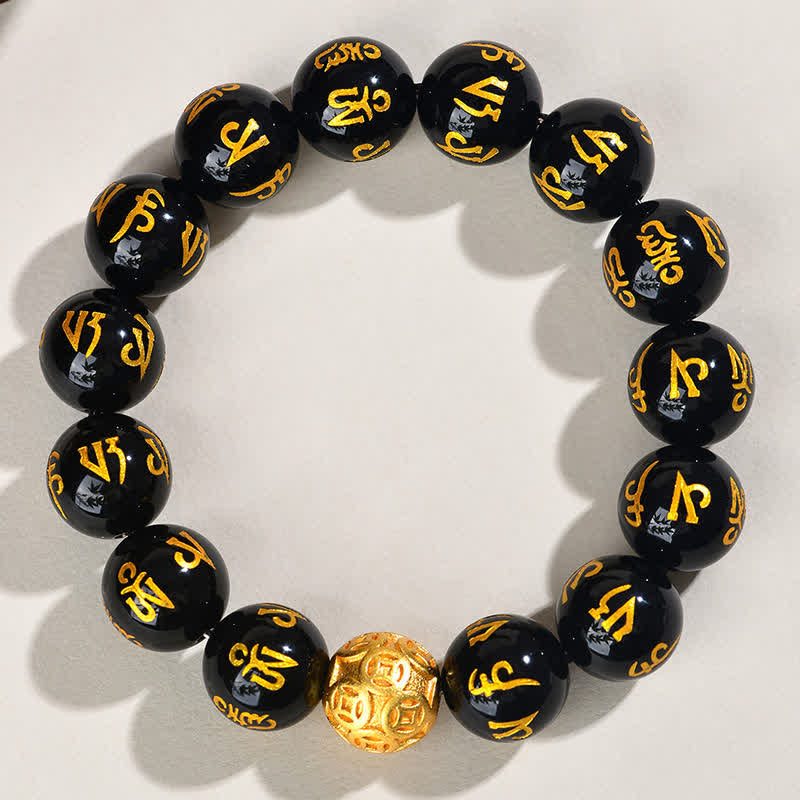 Buddha Stones Black Obsidian Om Mani Padme Hum Strength Bracelet