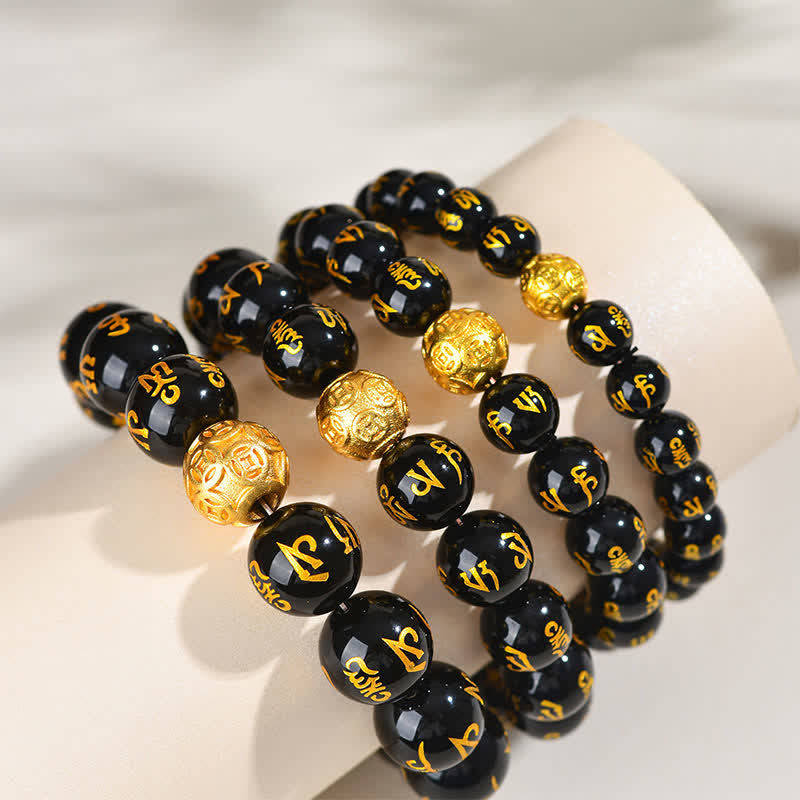 Buddha Stones Black Obsidian Om Mani Padme Hum Strength Bracelet