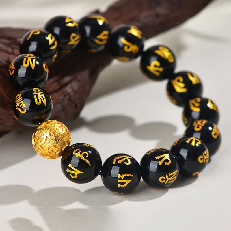 Buddha Stones Black Obsidian Om Mani Padme Hum Strength Bracelet