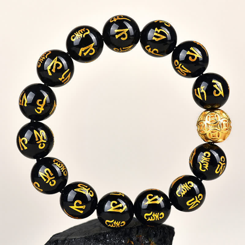 Buddha Stones Black Obsidian Om Mani Padme Hum Strength Bracelet