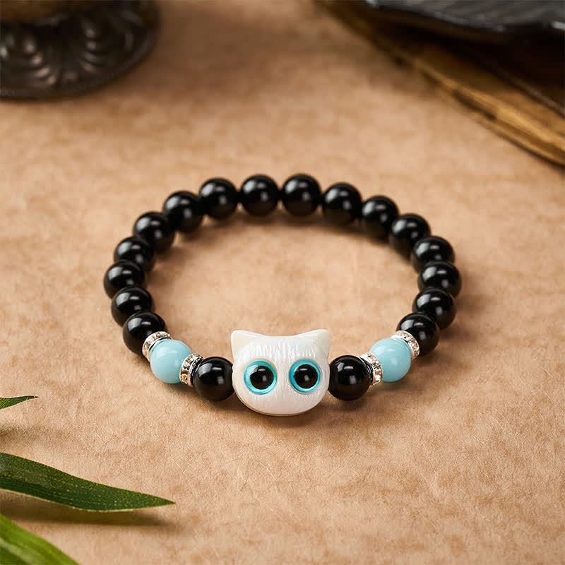 Buddha Stones Black Obsidian Cute Big Eye Cat Protection Beaded Bracelet