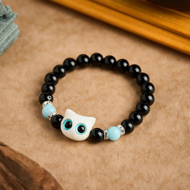 Buddha Stones Black Obsidian Cute Big Eye Cat Protection Beaded Bracelet