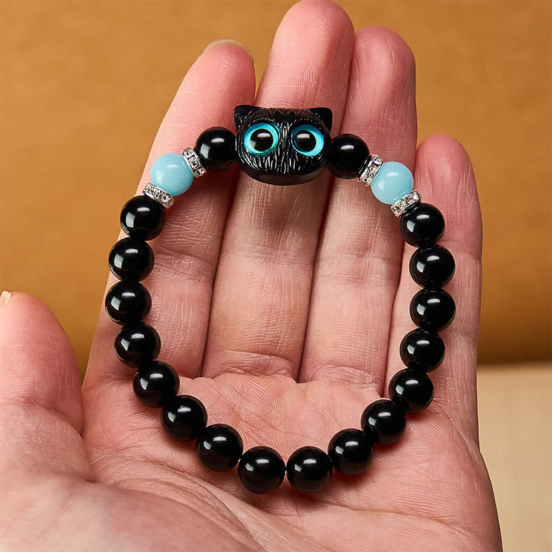 Buddha Stones Black Obsidian Cute Big Eye Cat Protection Beaded Bracelet
