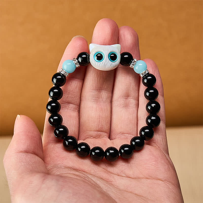 Buddha Stones Black Obsidian Cute Big Eye Cat Protection Beaded Bracelet