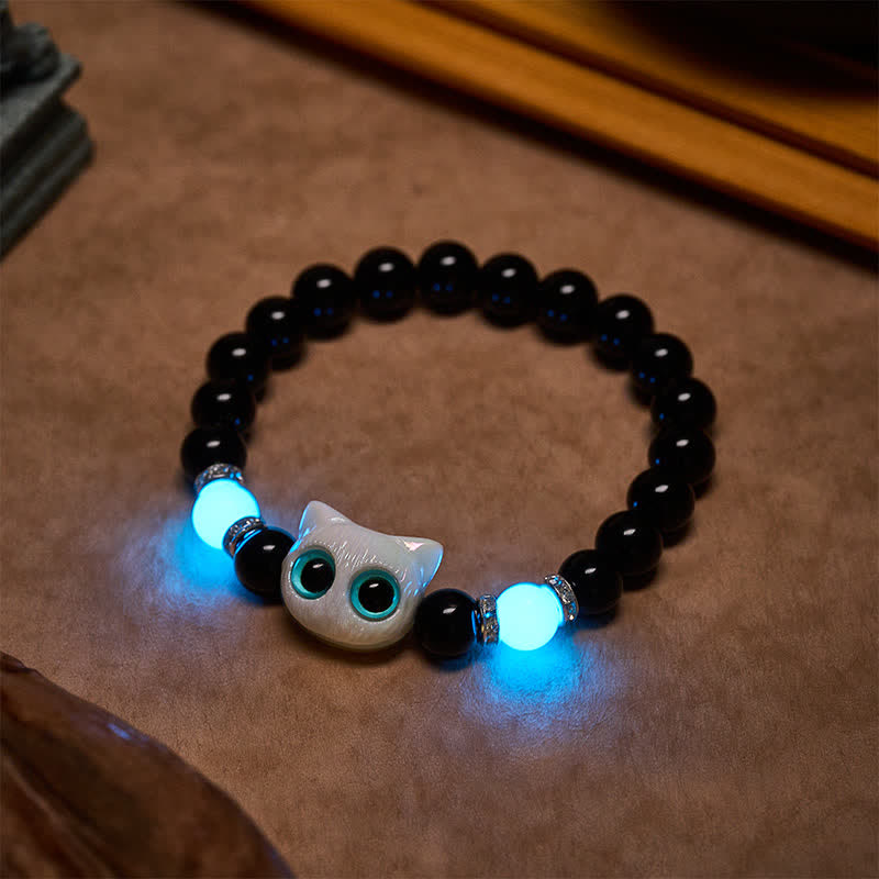 Buddha Stones Black Obsidian Cute Big Eye Cat Protection Beaded Bracelet