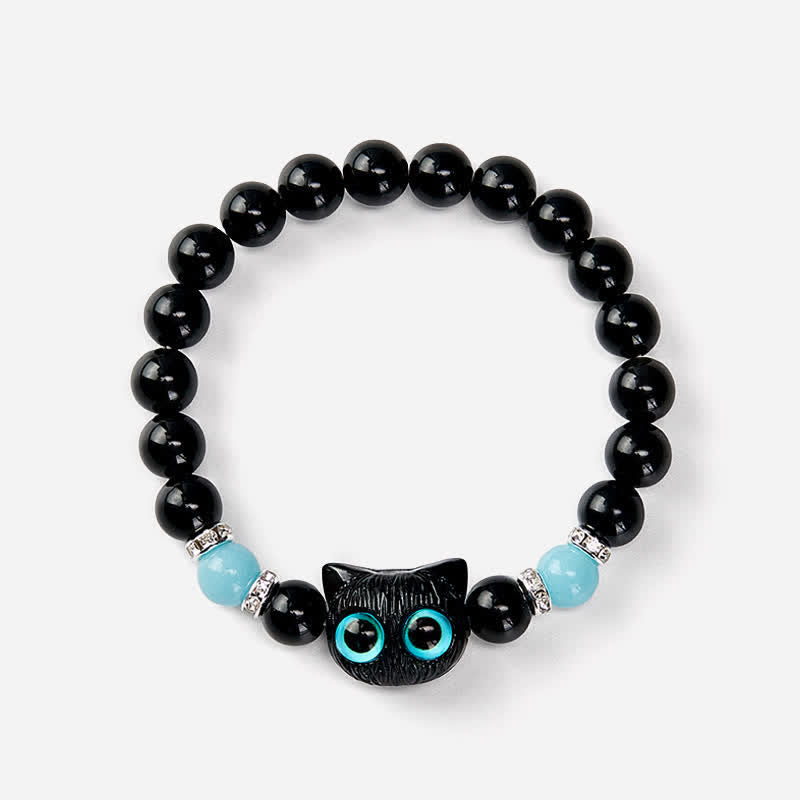 Buddha Stones Black Obsidian Cute Big Eye Cat Protection Beaded Bracelet