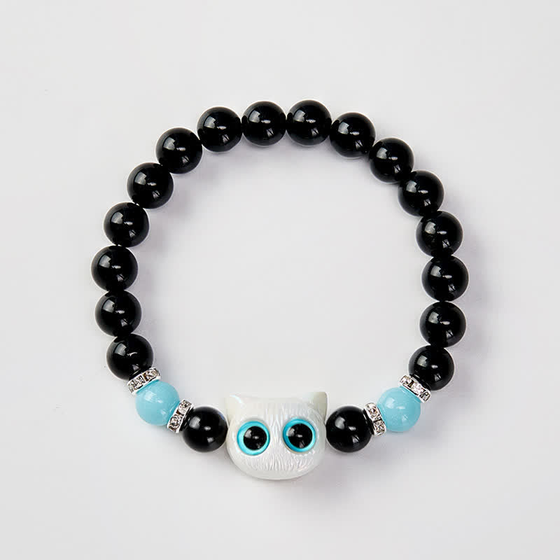 Buddha Stones Black Obsidian Cute Big Eye Cat Protection Beaded Bracelet