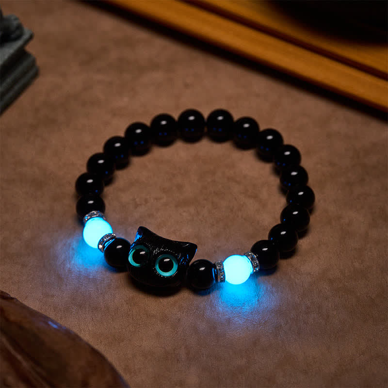 Buddha Stones Black Obsidian Cute Big Eye Cat Protection Beaded Bracelet