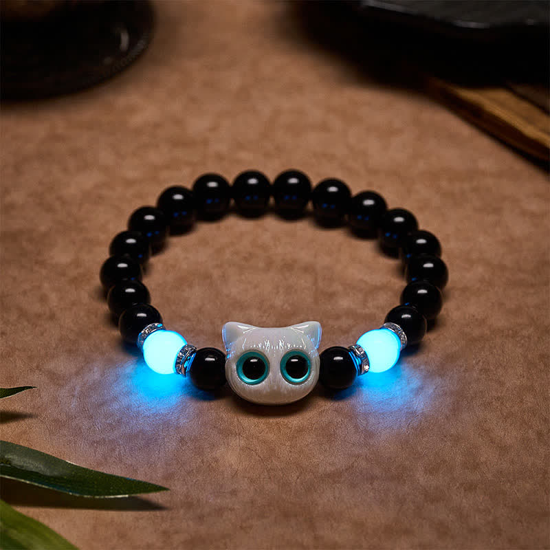 Buddha Stones Black Obsidian Cute Big Eye Cat Protection Beaded Bracelet