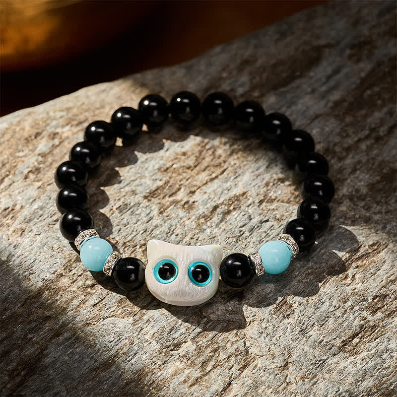 Buddha Stones Black Obsidian Cute Big Eye Cat Protection Beaded Bracelet