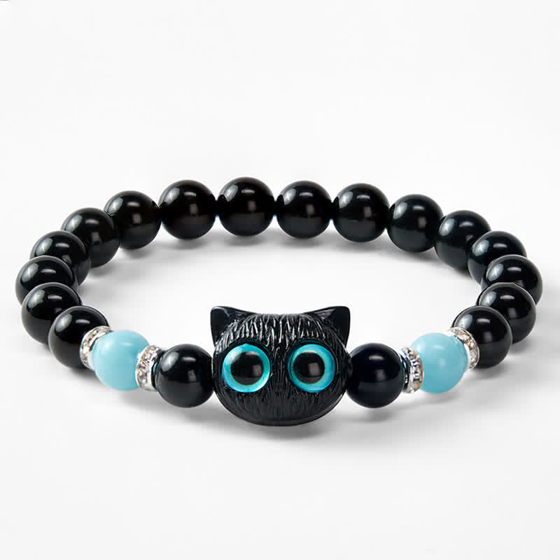 Buddha Stones Black Obsidian Cute Big Eye Cat Protection Beaded Bracelet
