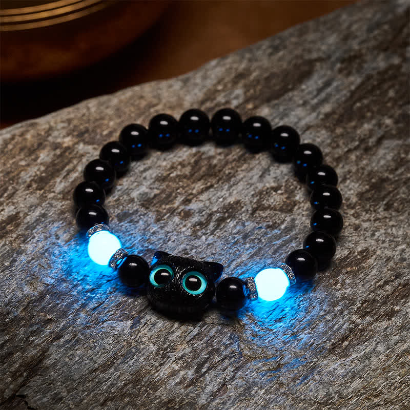 Buddha Stones Black Obsidian Cute Big Eye Cat Protection Beaded Bracelet