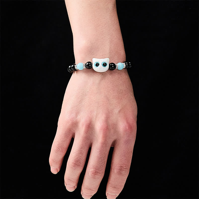 Buddha Stones Black Obsidian Cute Big Eye Cat Protection Beaded Bracelet
