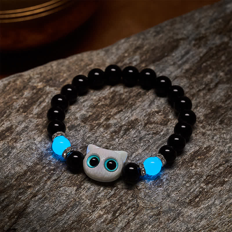 Buddha Stones Black Obsidian Cute Big Eye Cat Protection Beaded Bracelet