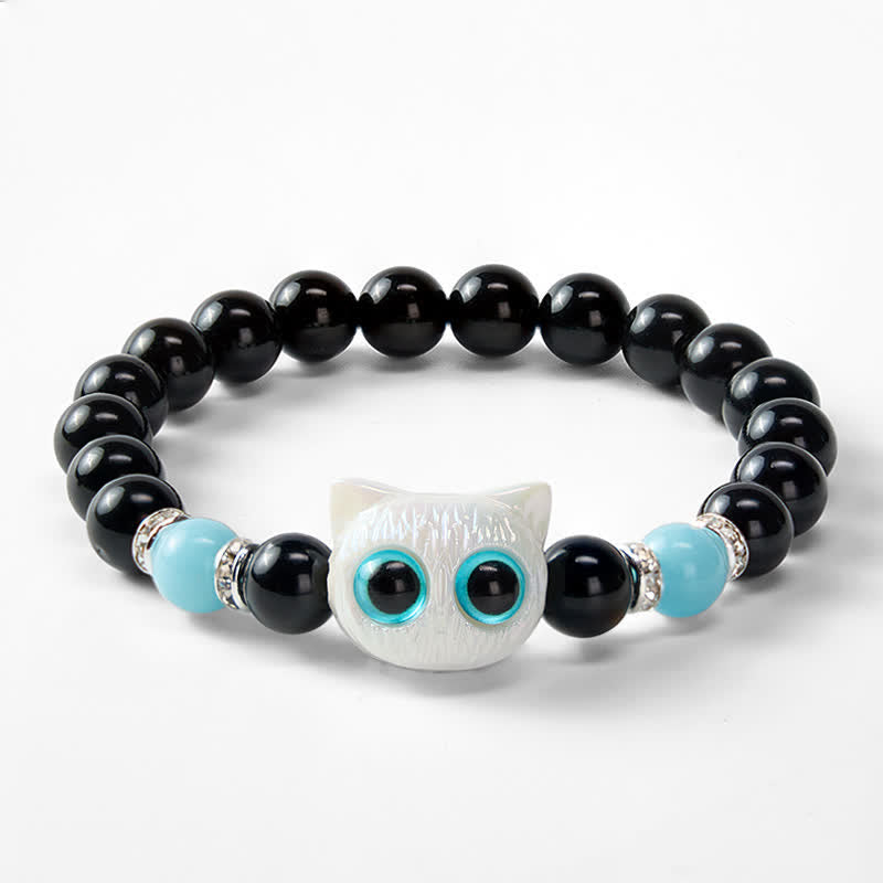 Buddha Stones Black Obsidian Cute Big Eye Cat Protection Beaded Bracelet